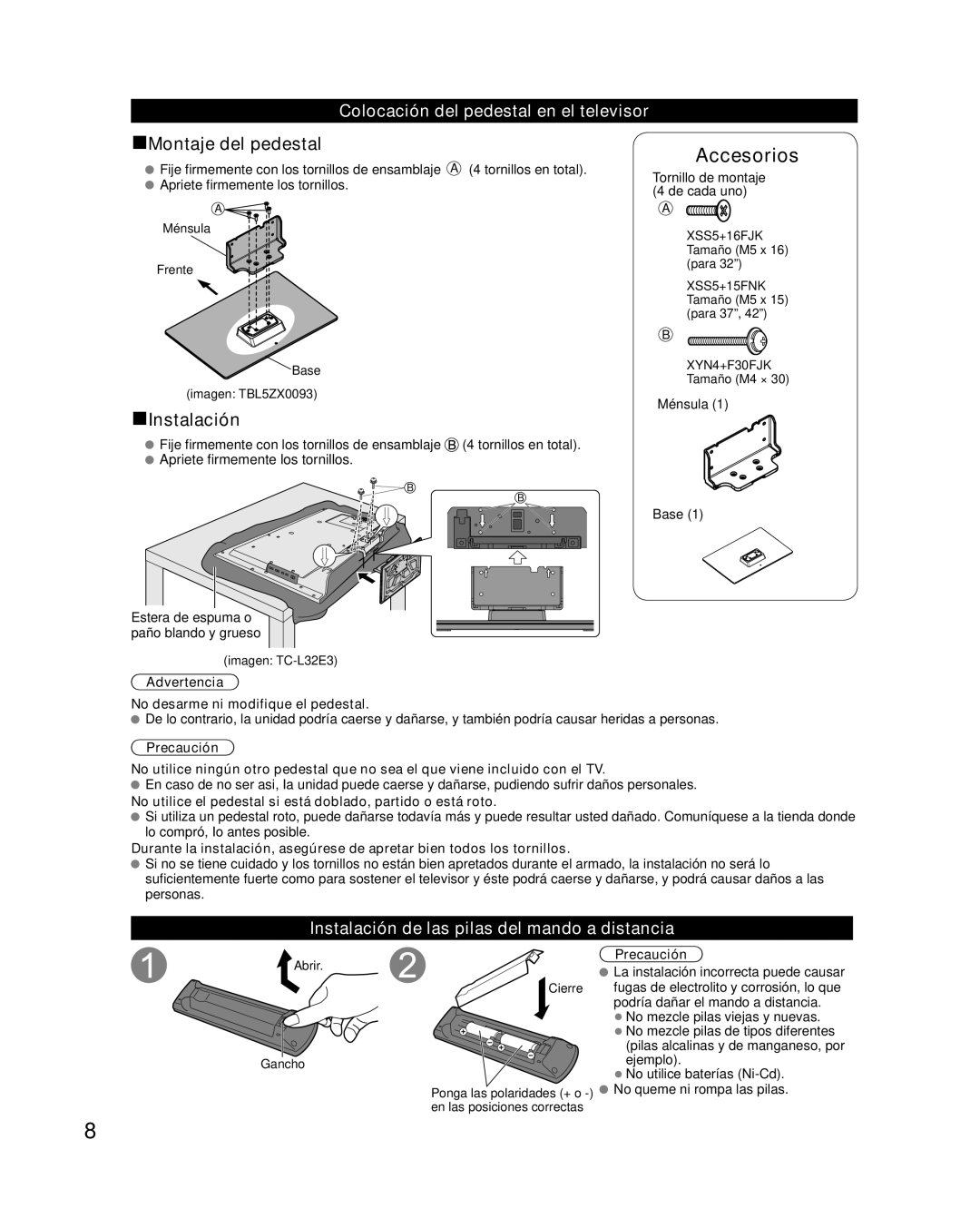 Panasonic TC-L42E30 Colocación del pedestal en el televisor, Instalación de las pilas del mando a distancia, Precaución 