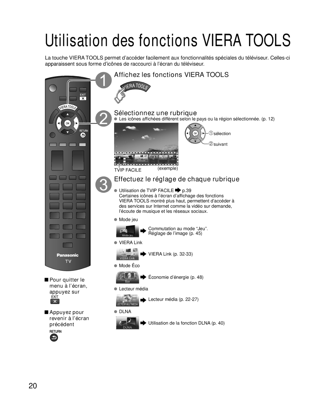 Panasonic TC-L37E3 Effectuez le réglage de chaque rubrique, Pour quitter le menu à l’écran, appuyez sur, Appuyez pour 