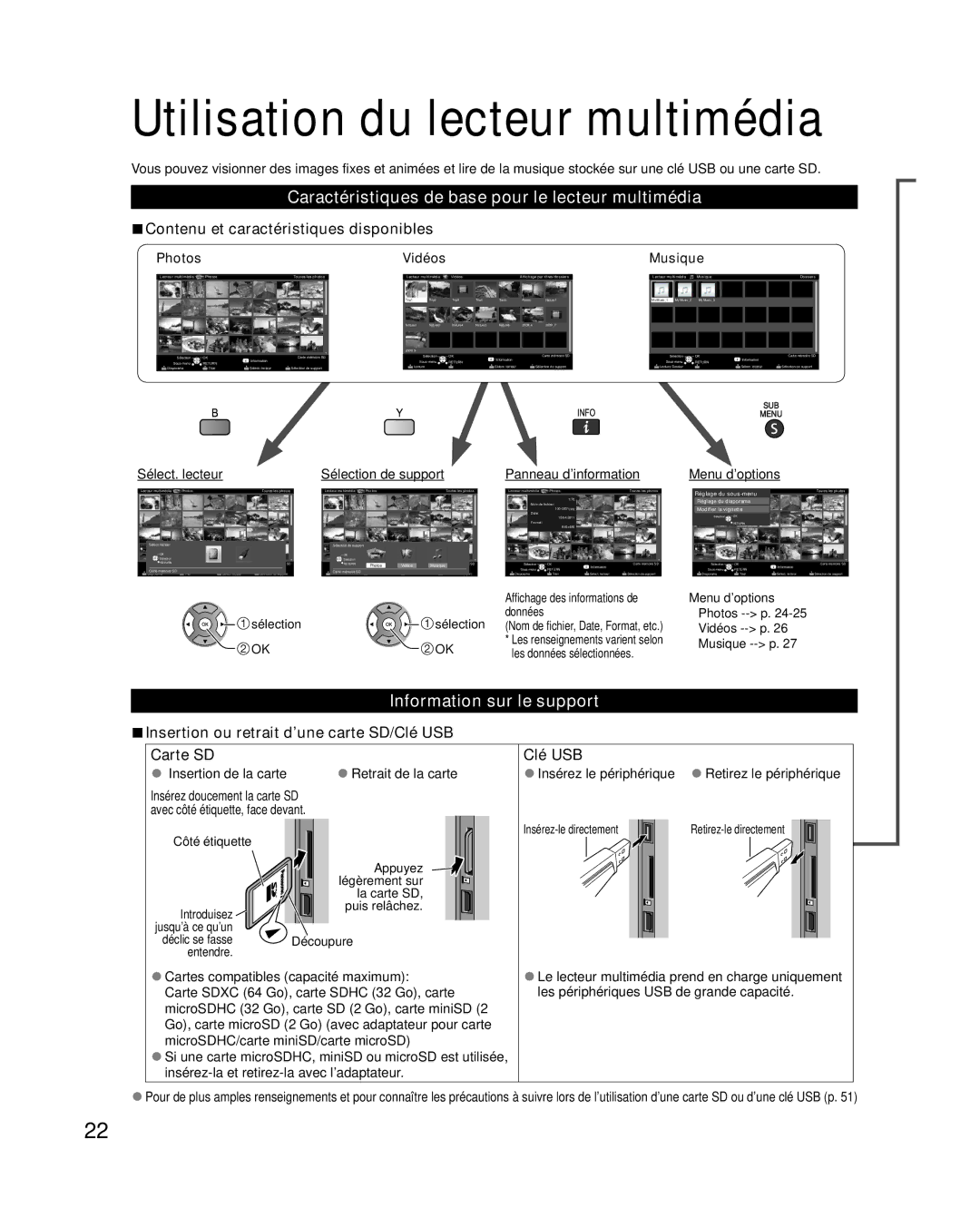 Panasonic TC-L42E30, TC-L37E3 Utilisation du lecteur multimédia, Caractéristiques de base pour le lecteur multimédia 