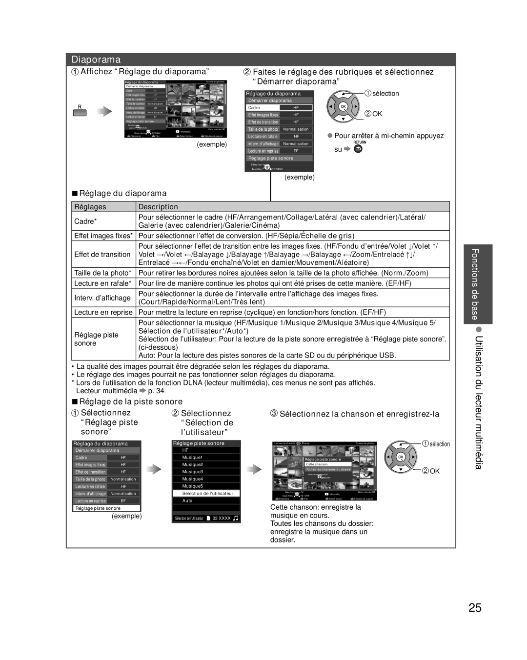 Panasonic TC-L42E30, TC-L37E3, TC-L32E3 Diaporama, Démarrer diaporama, Réglage du diaporama, Réglage de la piste sonore 