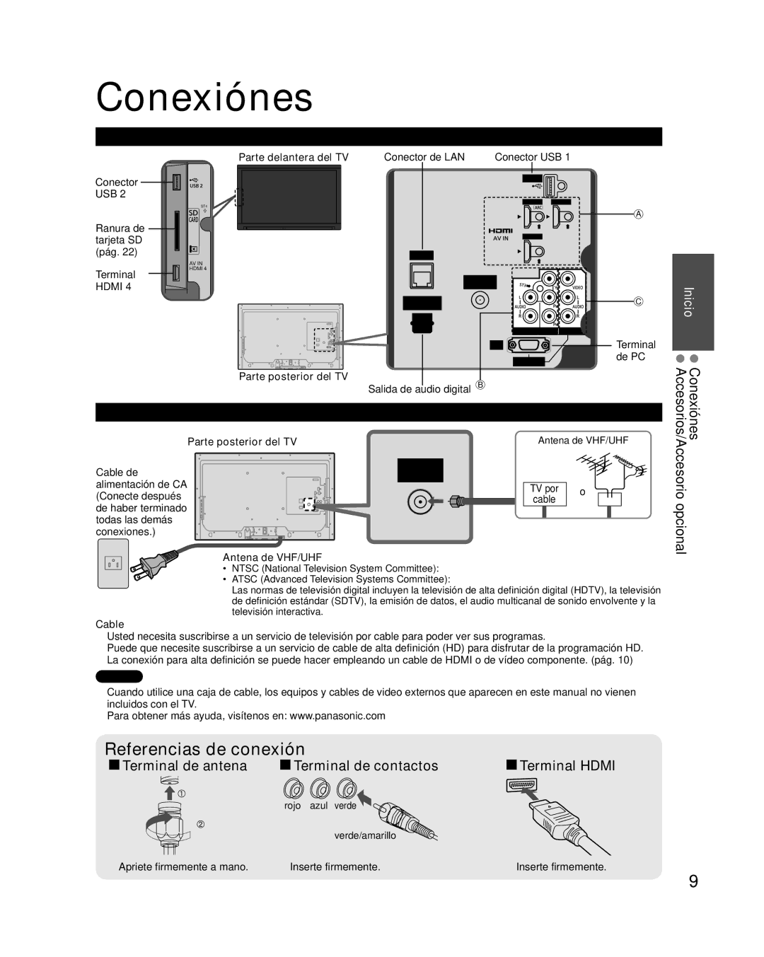 Panasonic TC-L37E3, TC-L32E3, TC-L42E30 owner manual Conexiónes, Paneles de conexión, Conexión de antena o cable 