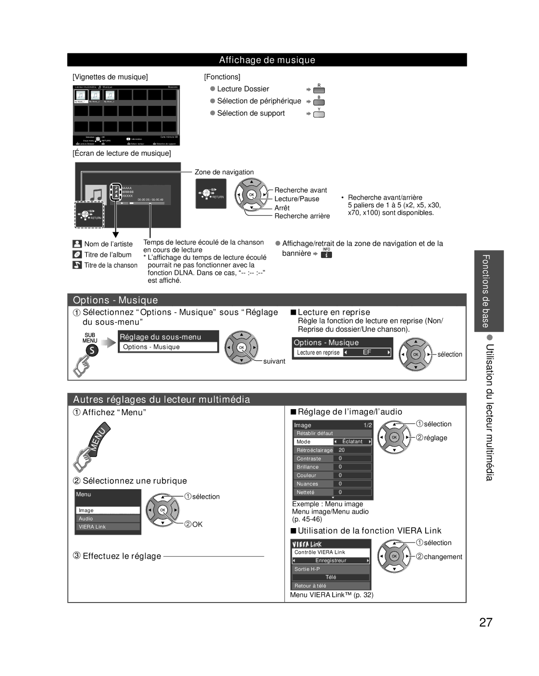 Panasonic TC-L32E3 Options Musique, De base Utilisation, Autres réglages du lecteur multimédia, Du lecteur multimédia 