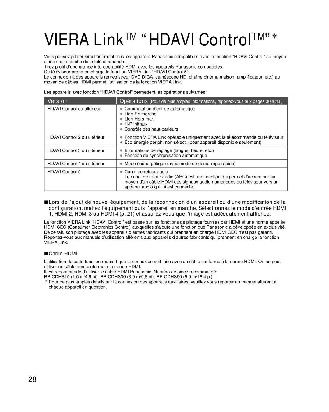 Panasonic TC-L42E30, TC-L37E3, TC-L32E3 owner manual Version, Câble Hdmi 