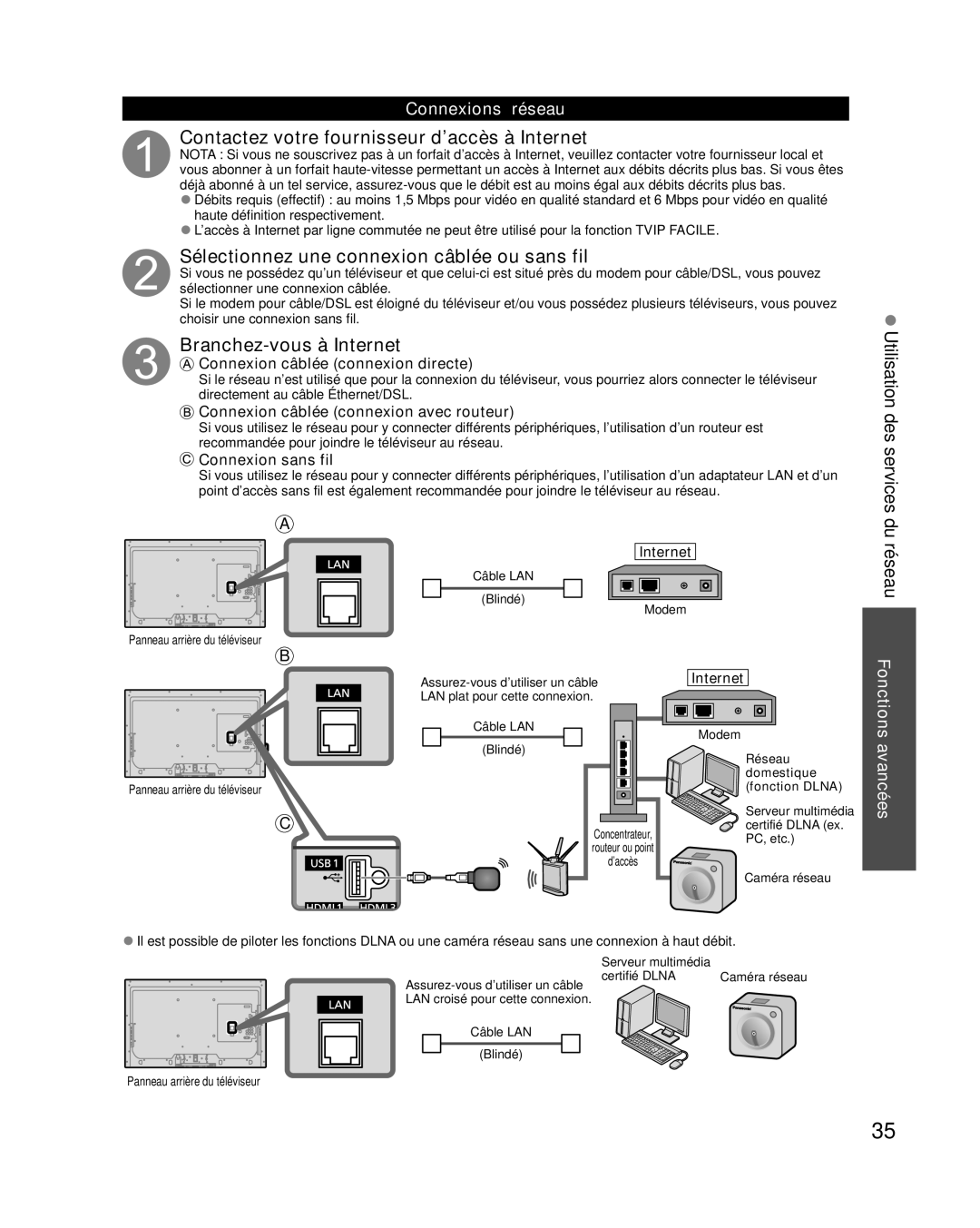 Panasonic TC-L37E3, TC-L32E3 Contactez votre fournisseur d’accès à Internet, Sélectionnez une connexion câblée ou sans fil 