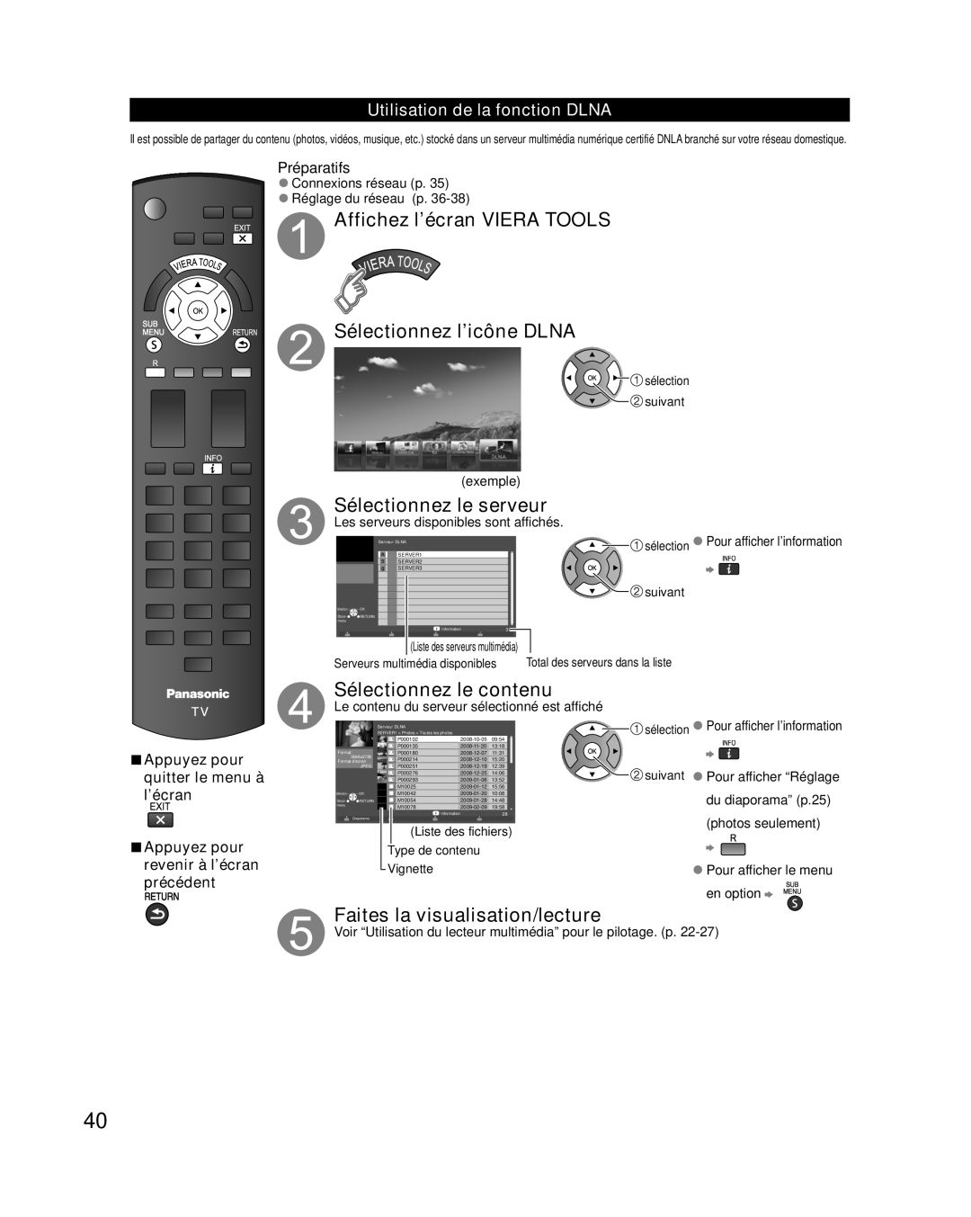 Panasonic TC-L42E30, TC-L37E3 Affichez l’écran VIERA TOOLS Sélectionnez l’icône DLNA, Sélectionnez le serveur, Préparatifs 