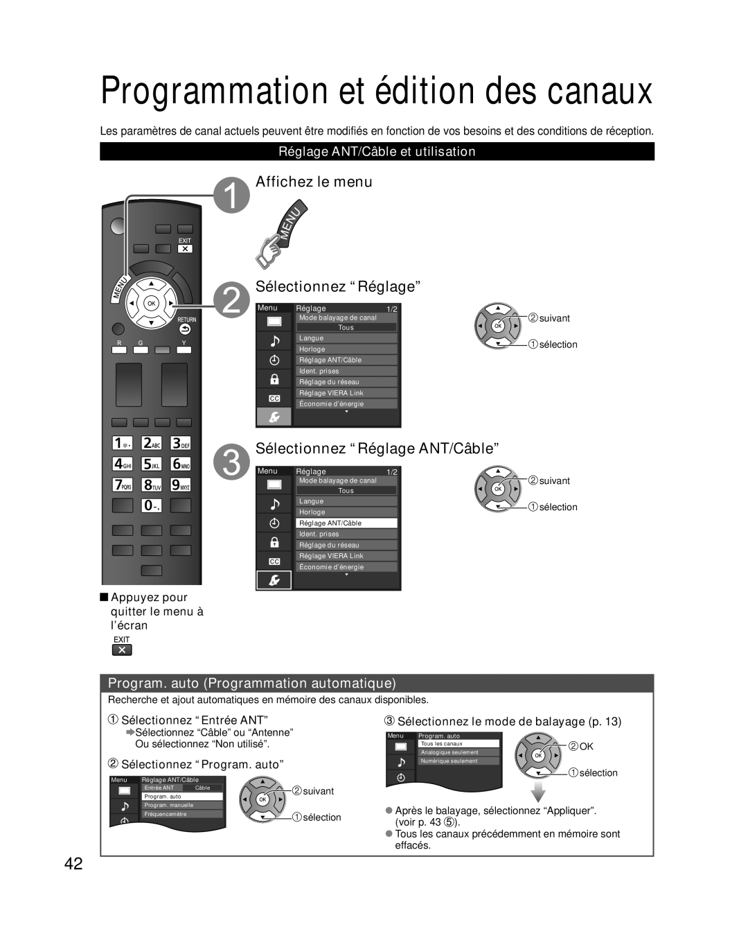 Panasonic TC-L32E3 Programmation et édition des canaux, Affichez le menu Sélectionnez “Réglage”, Sélectionnez “Entrée ANT” 