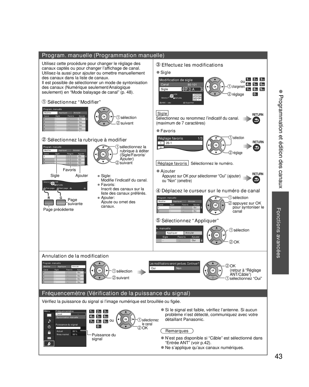 Panasonic TC-L42E30 Program. manuelle Programmation manuelle, Programmation et, édition des canaux Fonctions avancées 