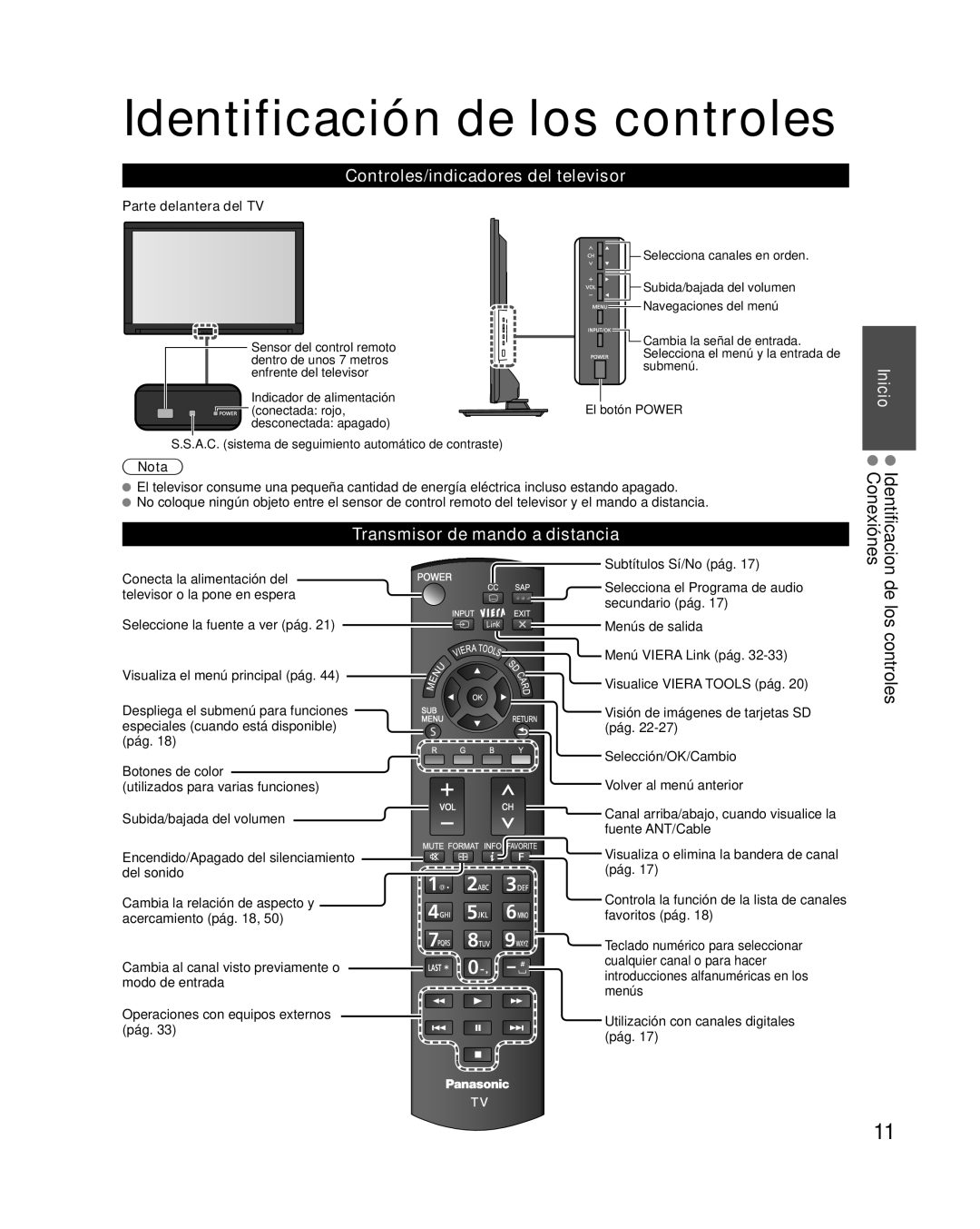 Panasonic TC-L42E30 Identificación de los controles, Controles/indicadores del televisor, Transmisor de mando a distancia 