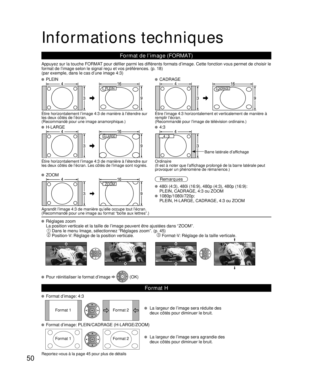 Panasonic TC-L37E3, TC-L32E3, TC-L42E30 owner manual Informations techniques, Format de l’image FORMAT, Format H, Remarques 