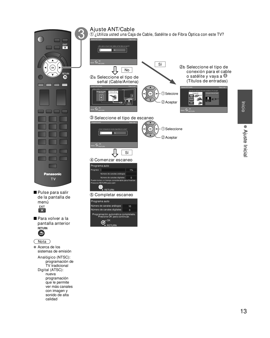 Panasonic TC-L32E3 Ajuste ANT/Cable, Ajuste Inicial, a Seleccione el tipo de señal Cable/Antena, b Seleccione el tipo de 