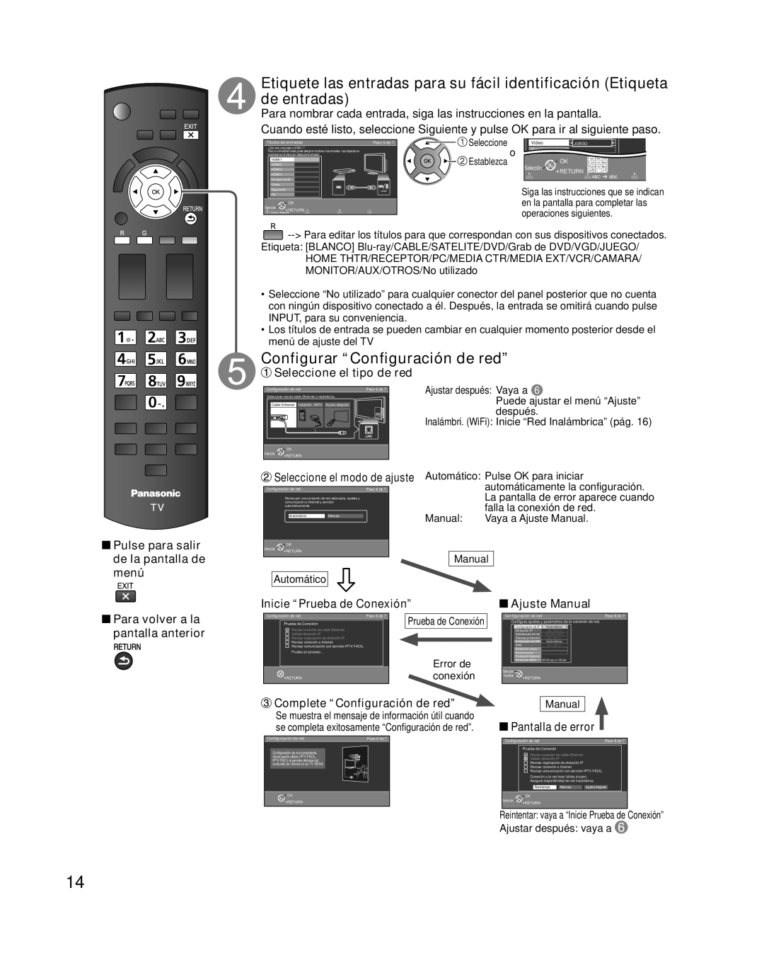 Panasonic TC-L42E30 Configurar “Configuración de red”, Para nombrar cada entrada, siga las instrucciones en la pantalla 