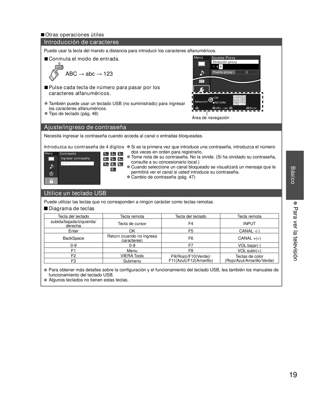 Panasonic TC-L32E3 Introducción de caracteres, Ajuste/ingreso de contraseña, Utilice un teclado USB, ABC → abc →, Básico 