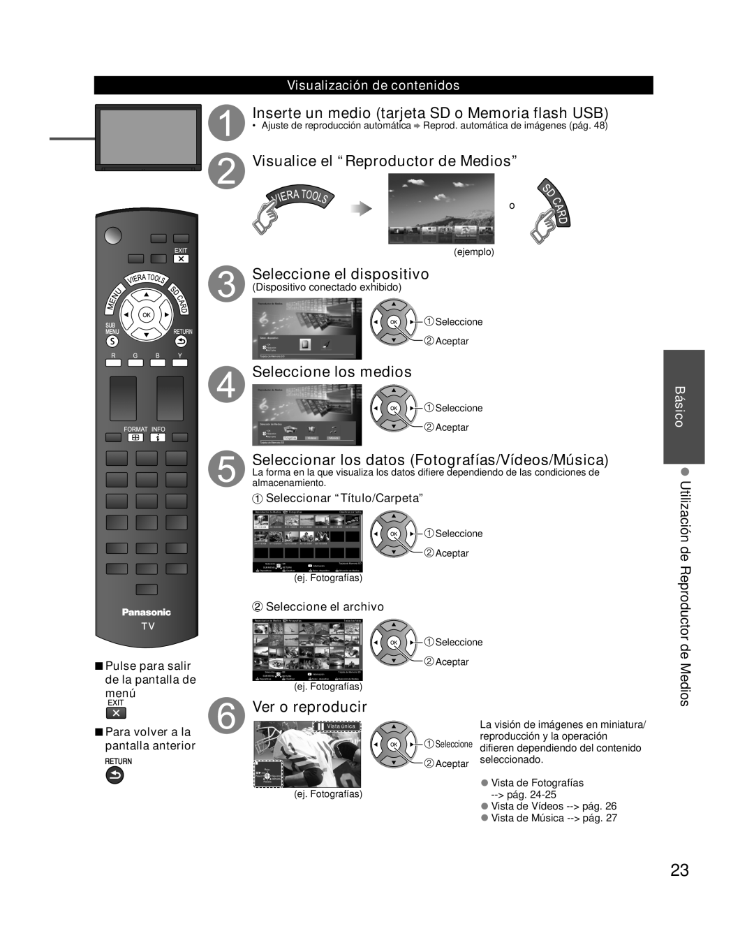 Panasonic TC-L42E30 Inserte un medio tarjeta SD o Memoria flash USB, Visualice el “Reproductor de Medios”, Utilización de 