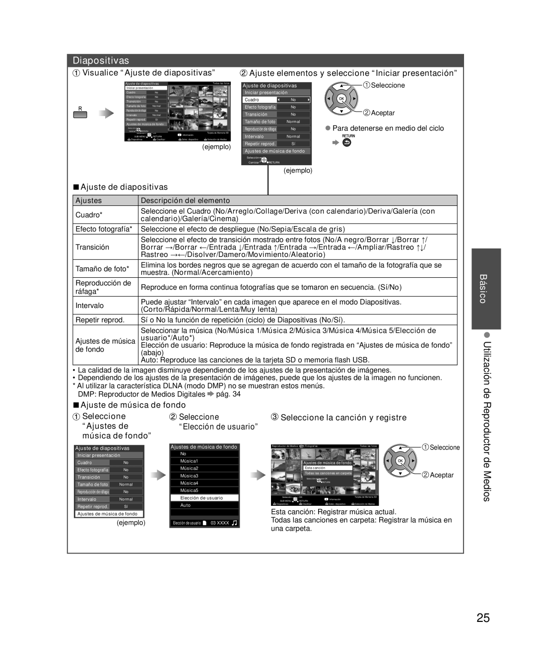 Panasonic TC-L32E3 Diapositivas, Visualice “Ajuste de diapositivas”, Ajuste elementos y seleccione “Iniciar presentación” 