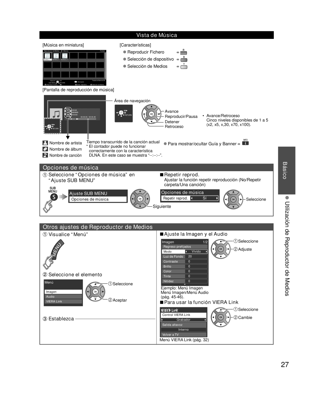 Panasonic TC-L37E3 Opciones de música, Vista de Música, Otros ajustes de Reproductor de Medios, “Ajuste SUB MENU” 