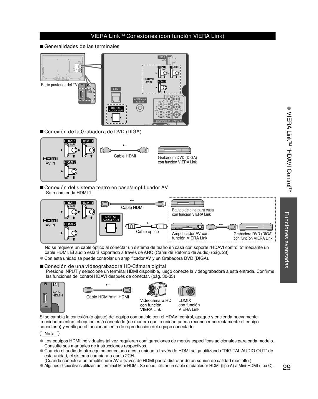 Panasonic TC-L42E30 VIERA LinkTM “HDAVI ControlTM” Funciones avanzadas, VIERA LinkTM Conexiones con funcíón VIERA Link 