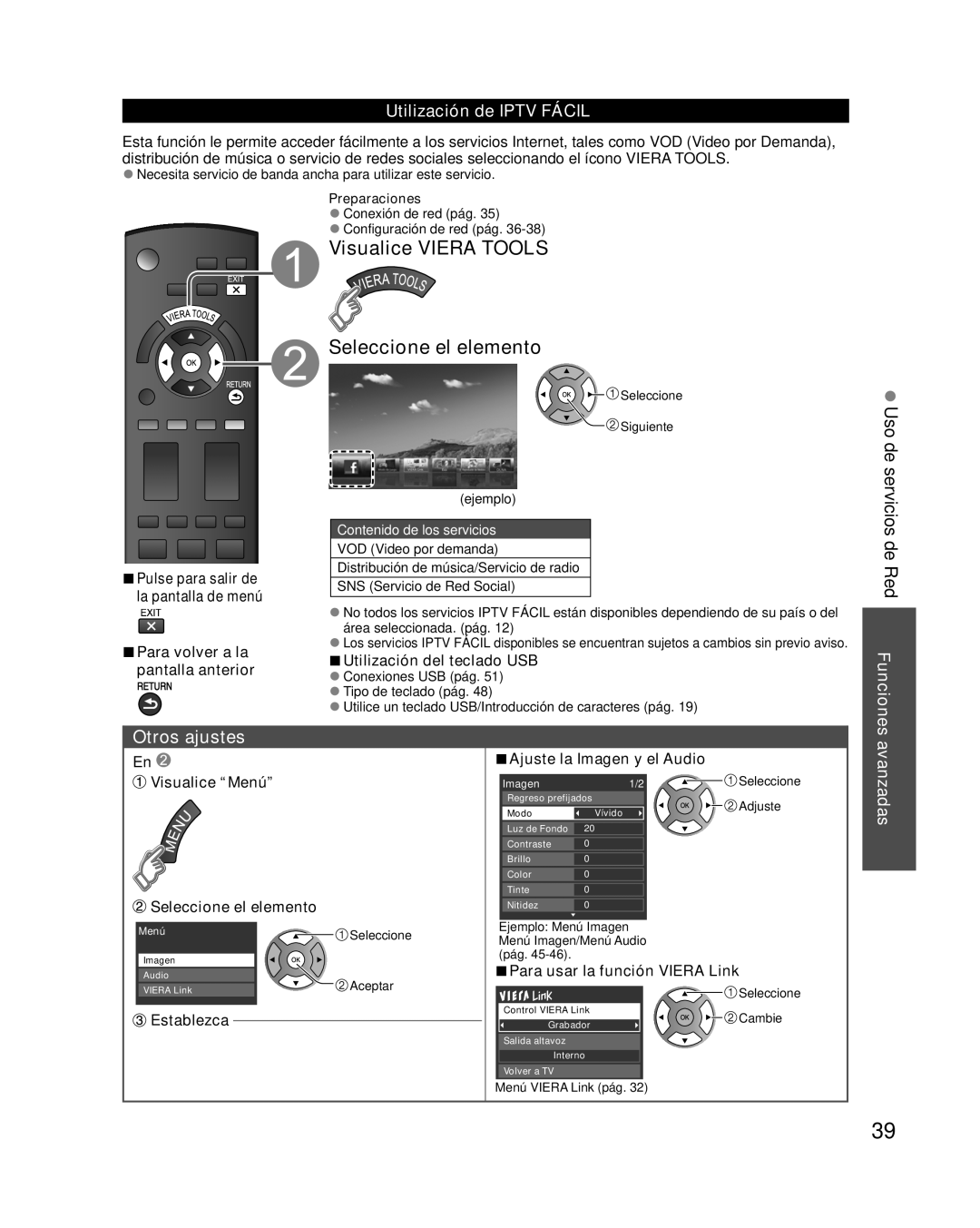 Panasonic TC-L37E3 Uso de servicios de Red Funciones, Otros ajustes, Utilización de IPTV FÁCIL, avanzadas, Preparaciones 