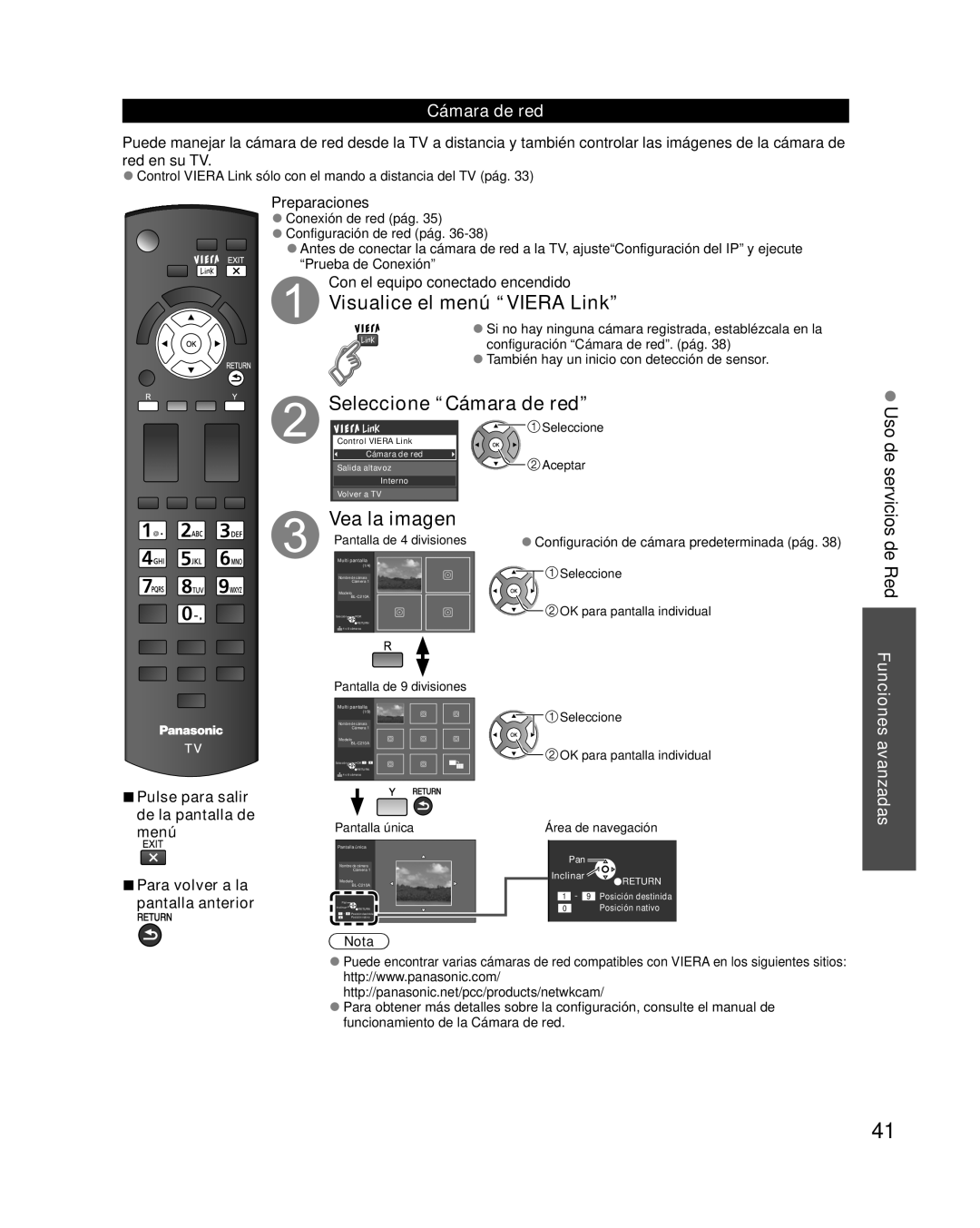 Panasonic TC-L42E30 Visualice el menú “VIERA Link”, Seleccione “Cámara de red”, Vea la imagen, de Red Funciones avanzadas 