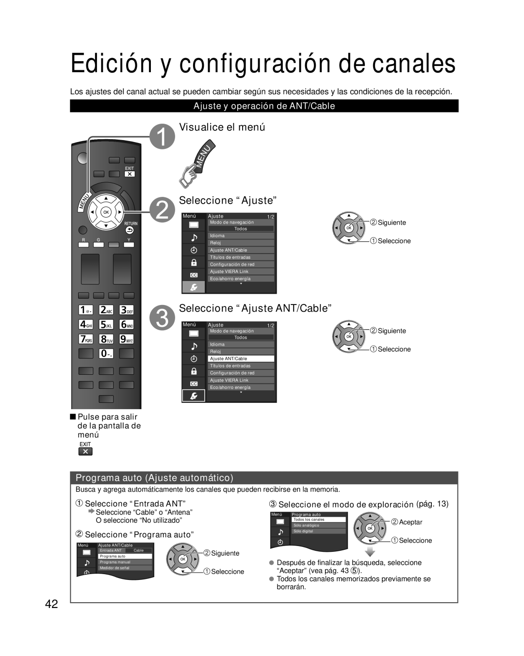 Panasonic TC-L37E3 Edición y configuración de canales, Visualice el menú Seleccione “Ajuste”, Seleccione “Entrada ANT” 