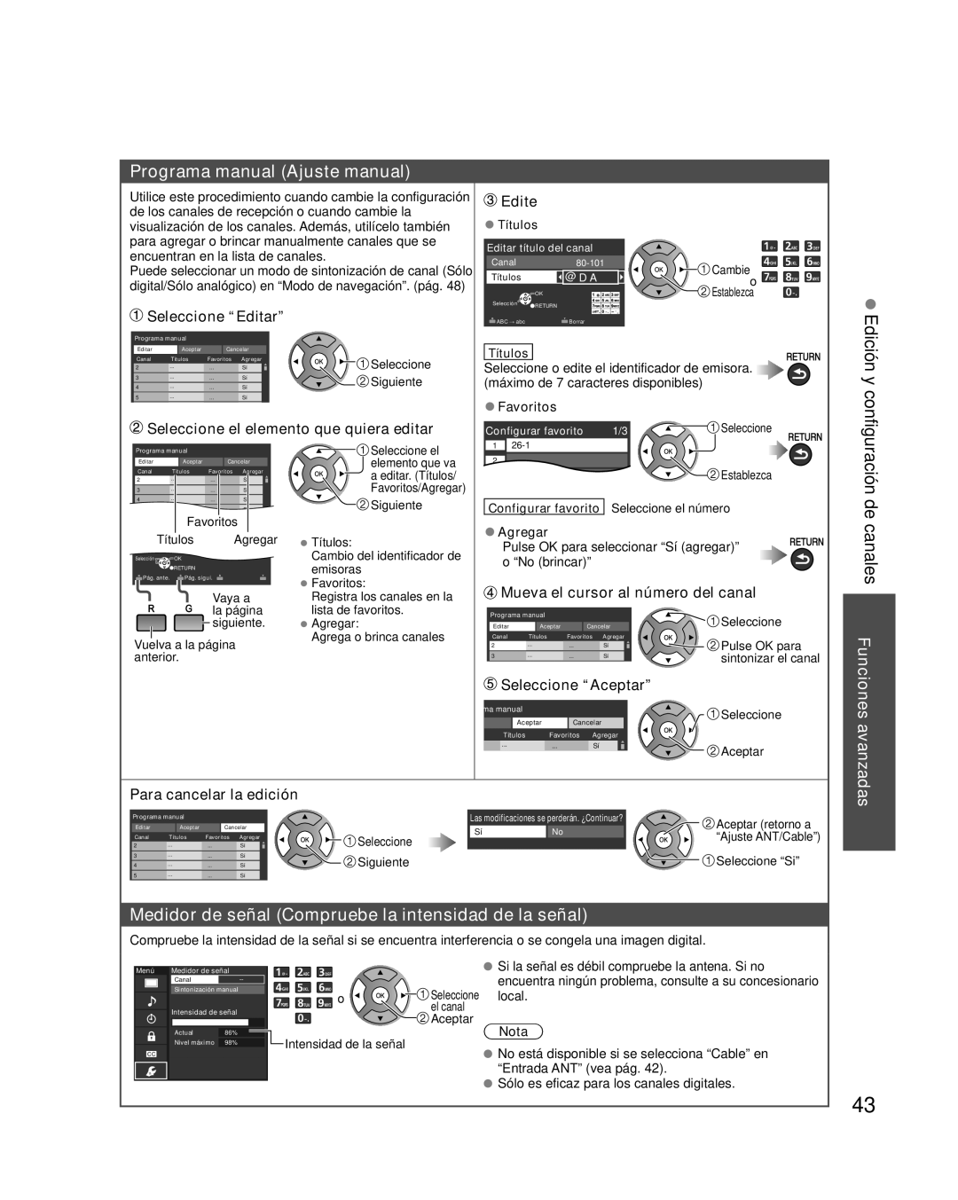 Panasonic TC-L32E3 Programa manual Ajuste manual, Edición y, Medidor de señal Compruebe la intensidad de la señal, Edite 