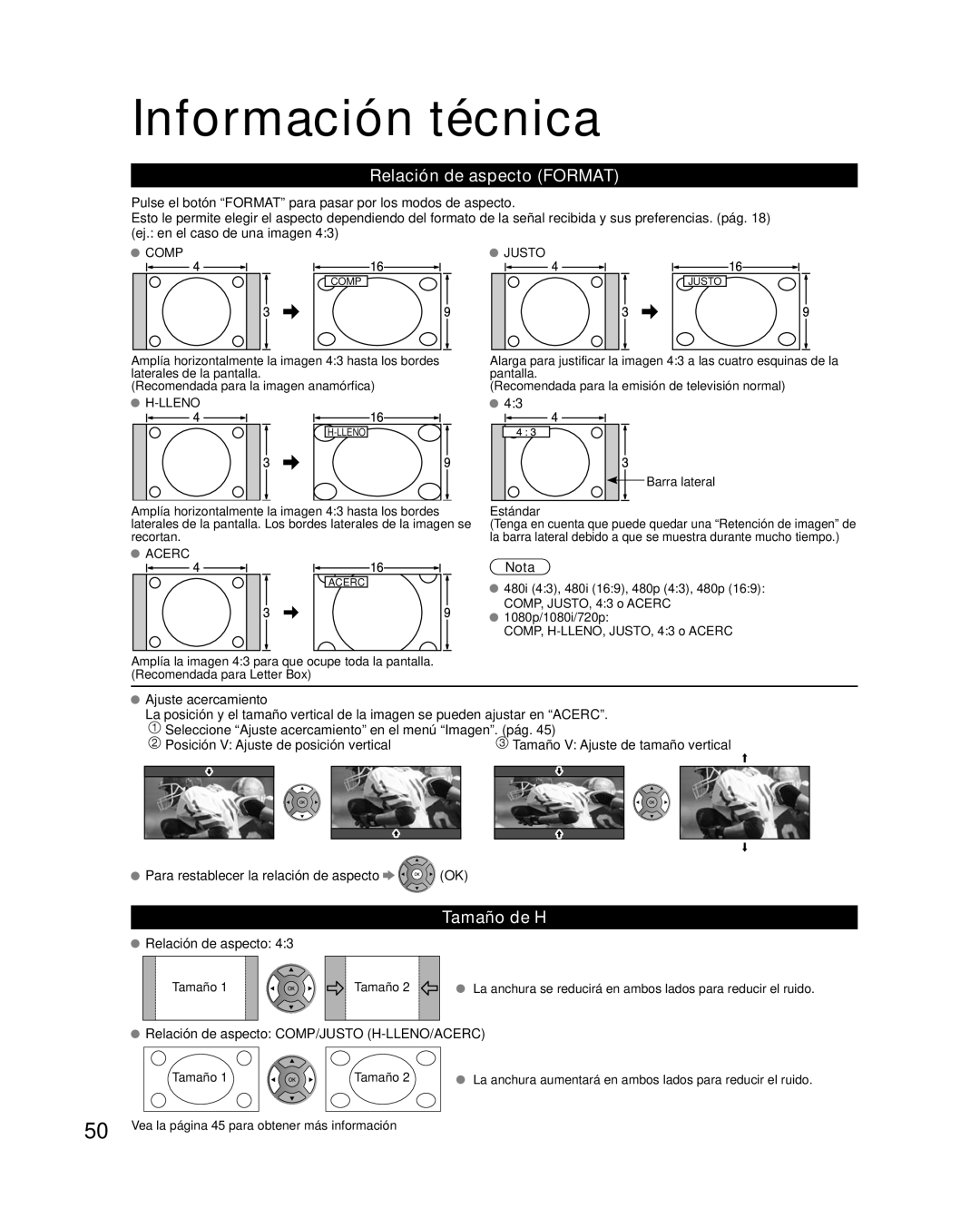 Panasonic TC-L42E30, TC-L37E3, TC-L32E3 owner manual Información técnica, Relación de aspecto FORMAT, Tamaño de H, Nota 