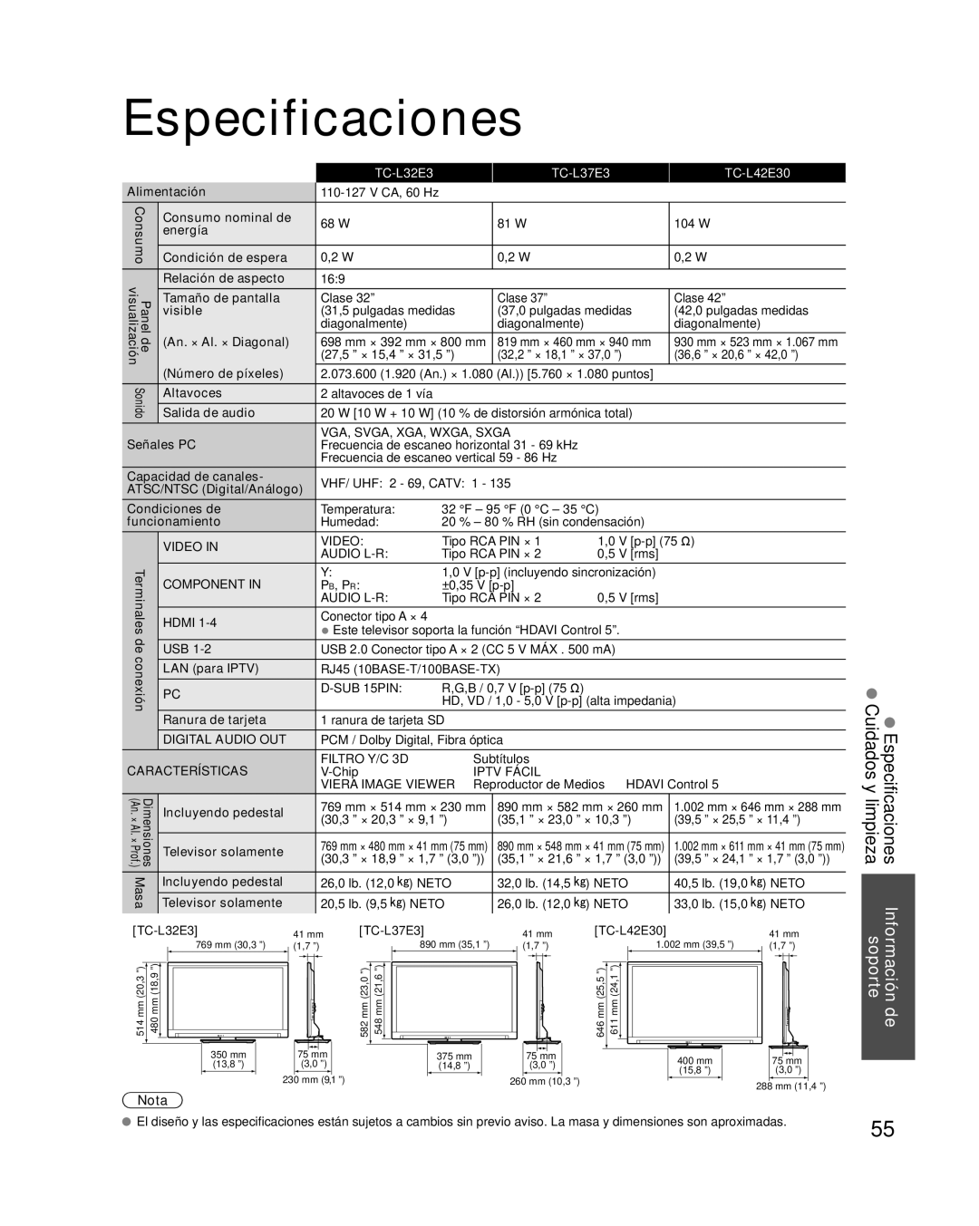 Panasonic TC-L32E3 owner manual Especificaciones, Nota, TC-L37E3, TC-L42E30 