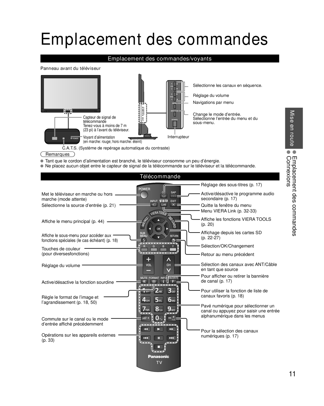 Panasonic TC-L37E3 Emplacement des commandes/voyants, Mise en, Télécommande, Panneau avant du téléviseur, Remarques 
