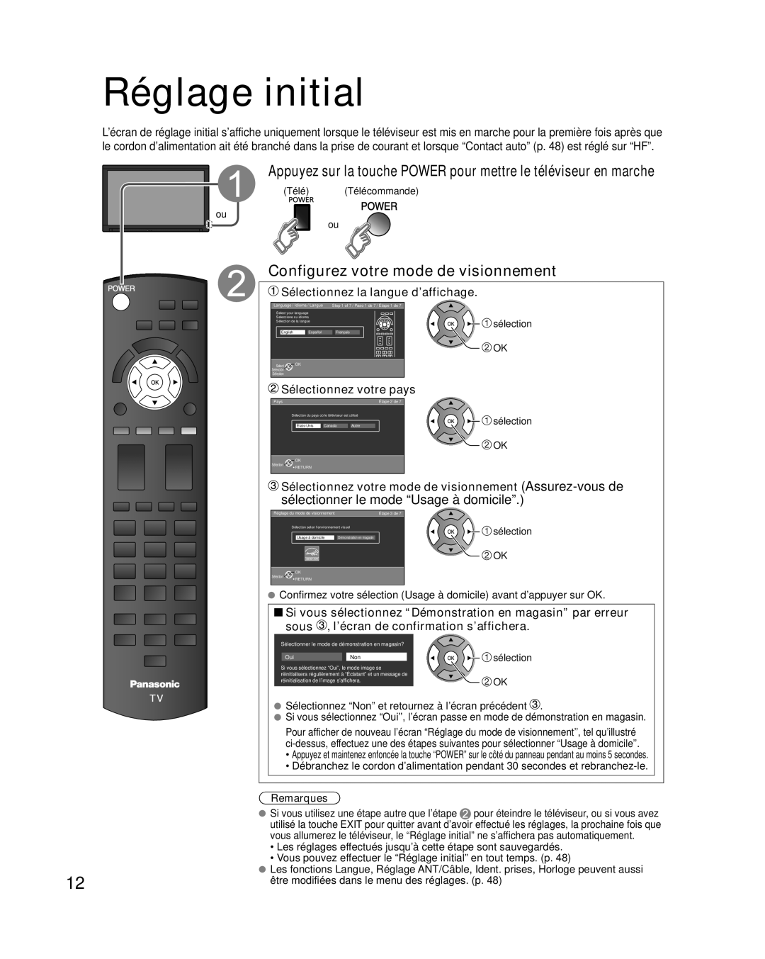 Panasonic TC-L32E3 Réglage initial, Configurez votre mode de visionnement, Sélectionnez la langue d’affichage, Remarques 