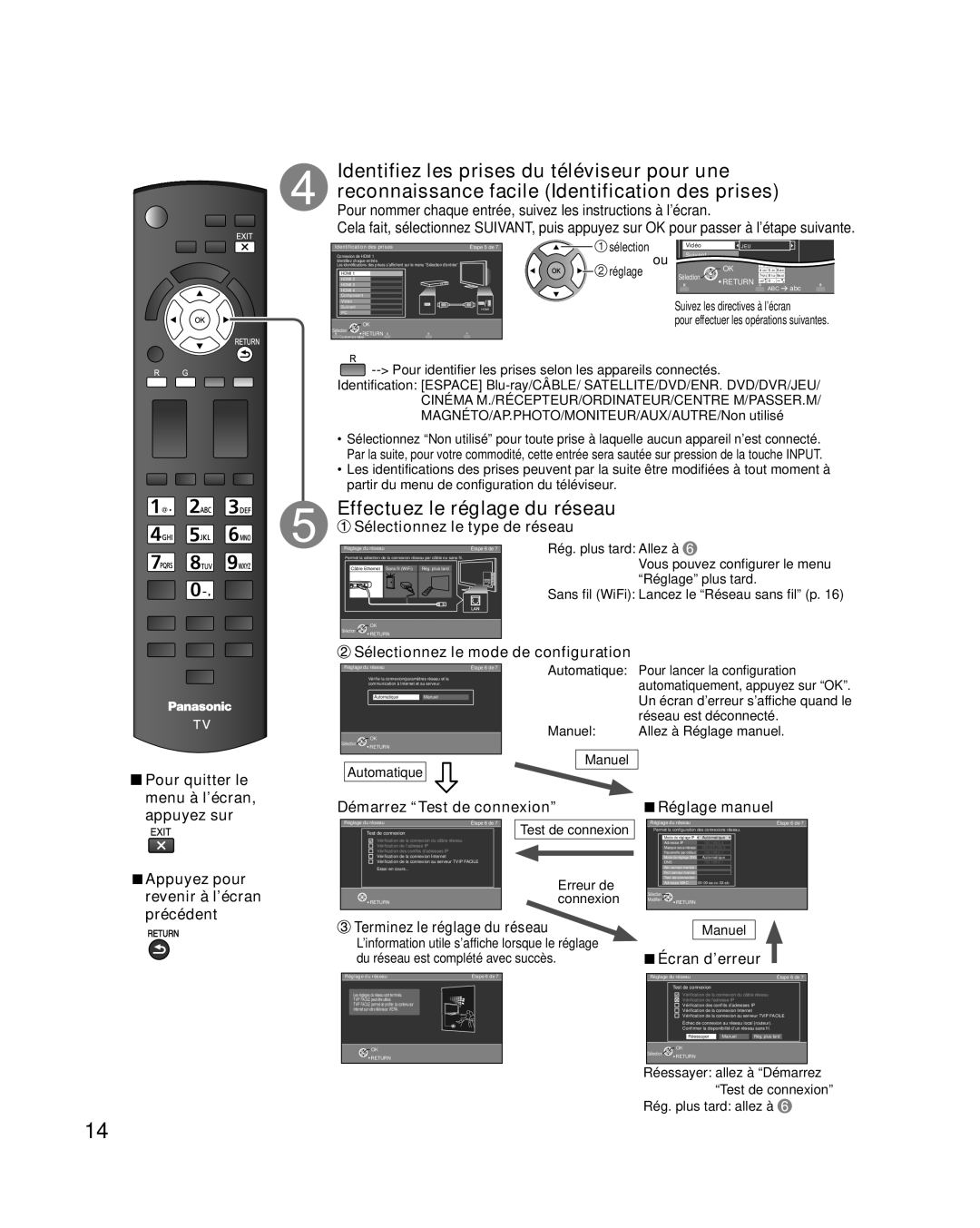 Panasonic TC-L37E3 Effectuez le réglage du réseau, Pour nommer chaque entrée, suivez les instructions à l’écran, sélection 