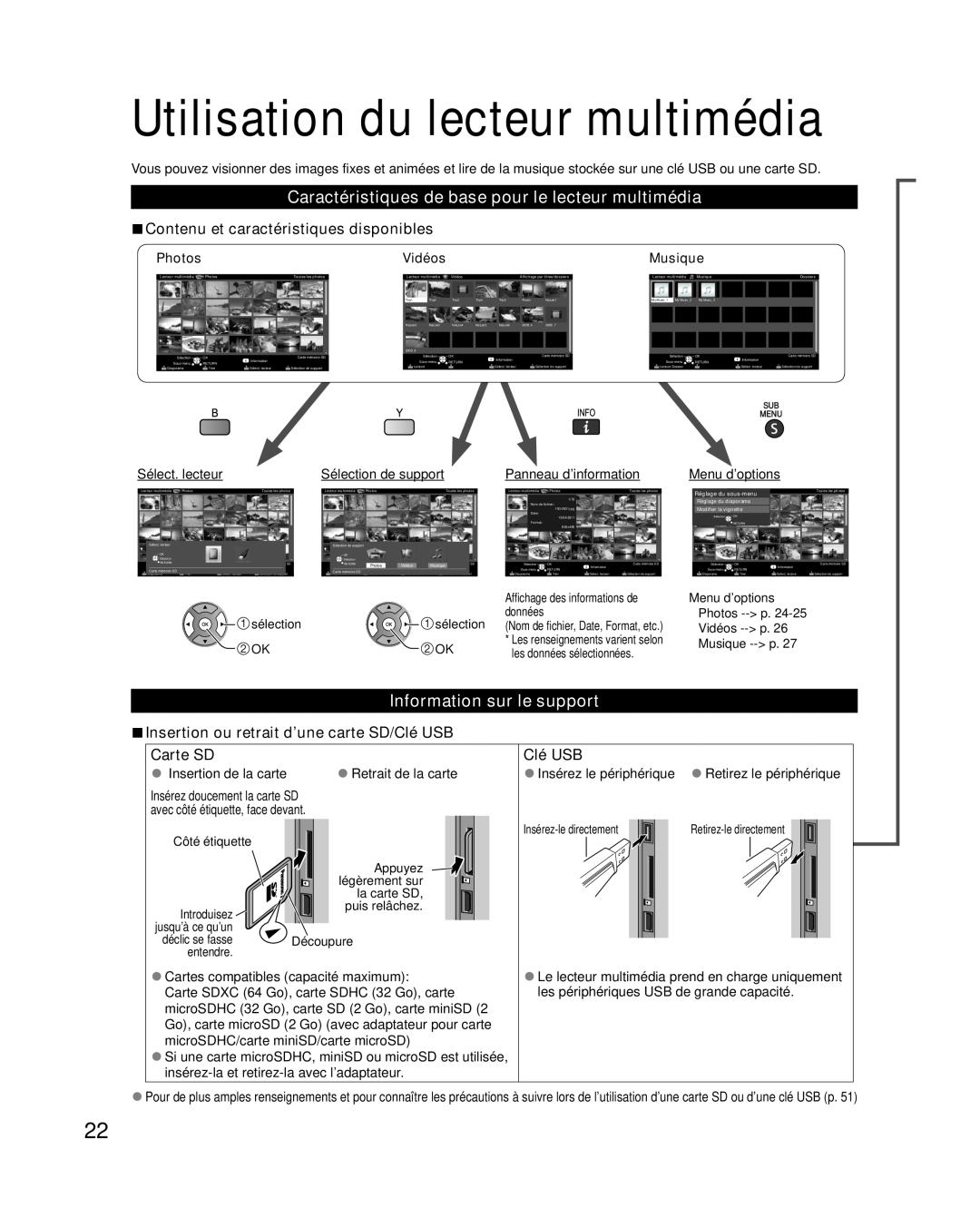 Panasonic TC-L42E30 Utilisation du lecteur multimédia, Caractéristiques de base pour le lecteur multimédia, Carte SD 