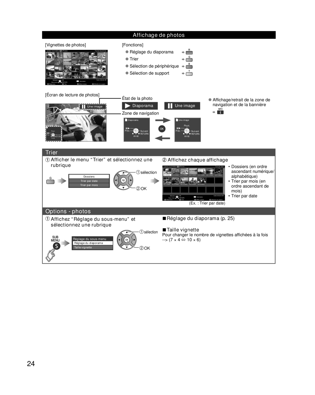 Panasonic TC-L32E3 Options - photos, Affichage de photos, Afficher le menu “Trier” et sélectionnez une, rubrique, Préc 