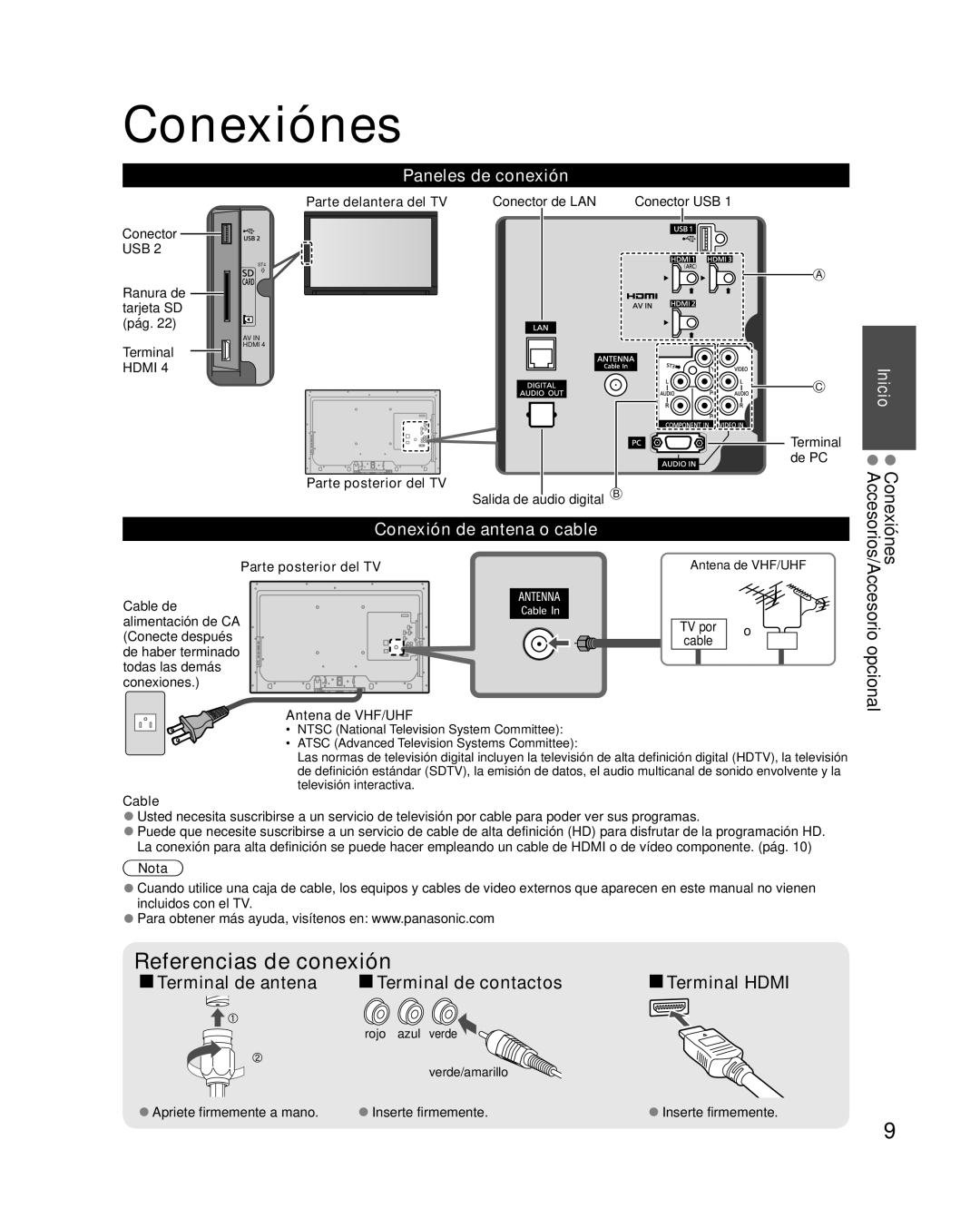 Panasonic TC-L37E3 Conexiónes, Referencias de conexión, Terminal de antena, Terminal de contactos, Paneles de conexión 