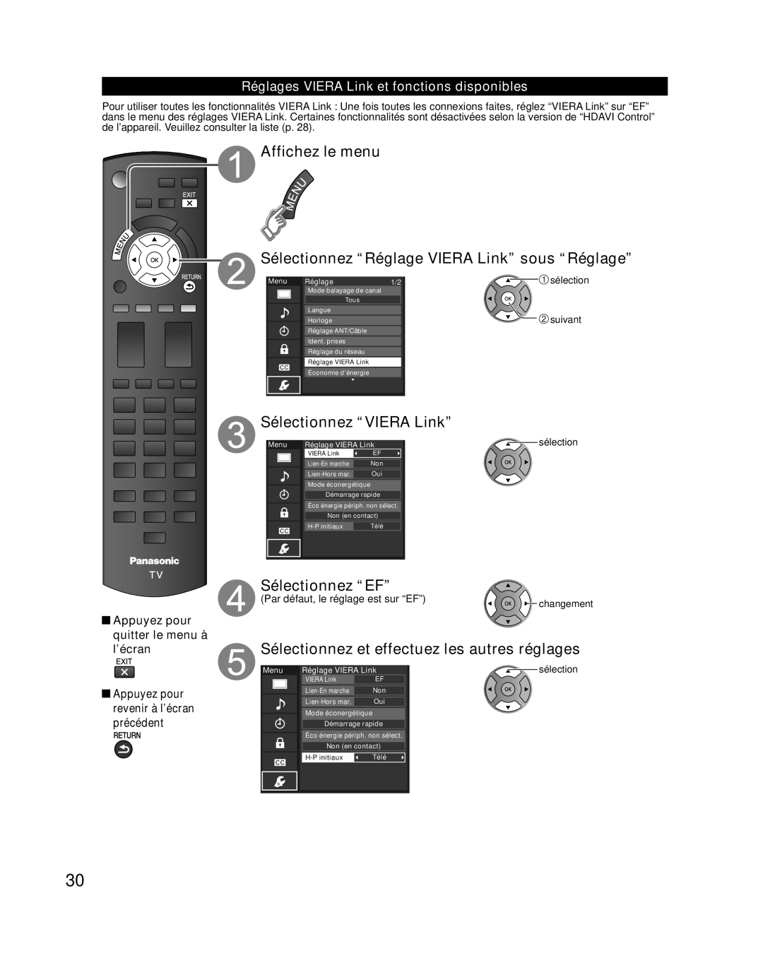 Panasonic TC-L32E3 Affichez le menu Sélectionnez “Réglage VIERA Link” sous “Réglage”, Sélectionnez “VIERA Link”, suivant 