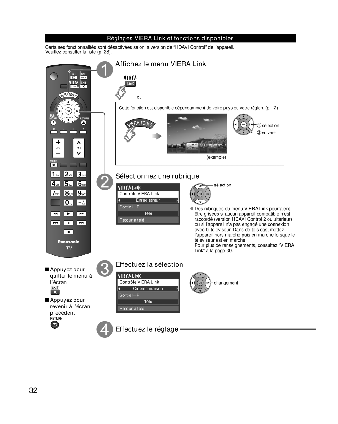 Panasonic TC-L37E3 Affichez le menu VIERA Link, Sélectionnez une rubrique, Effectuez la sélection, Effectuez le réglage 
