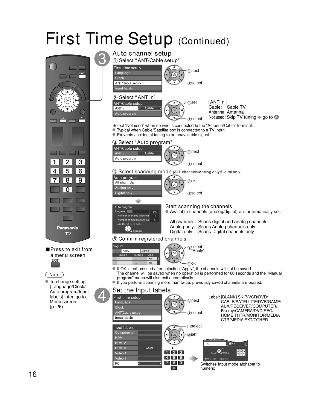 Panasonic TC-L37S1 Auto channel setup, Set the Input labels, Start scanning the channels, Confirm registered channels 