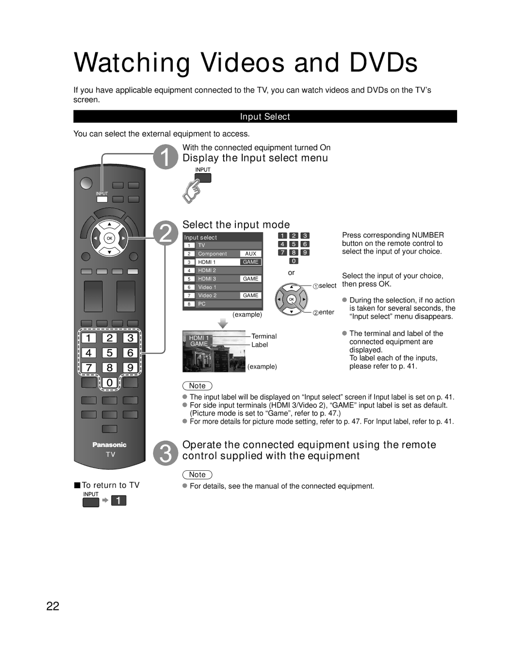 Panasonic TC-L37S1 quick start Watching Videos and DVDs, Display the Input select menu Select the input mode, Input Select 