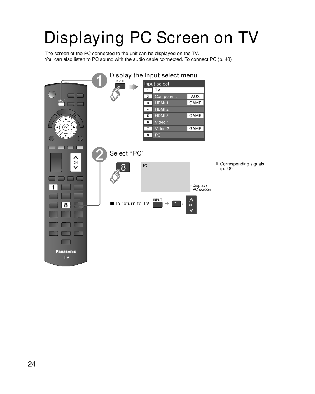 Panasonic TC-L37S1 quick start Displaying PC Screen on TV, Display the Input select menu, Select PC, Displays, PC screen 