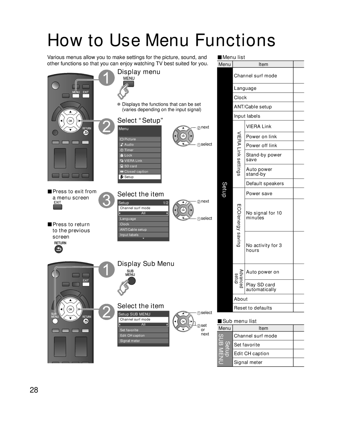 Panasonic TC-L37S1 quick start Display Sub Menu, To the previous, Setup, Sub menu list 