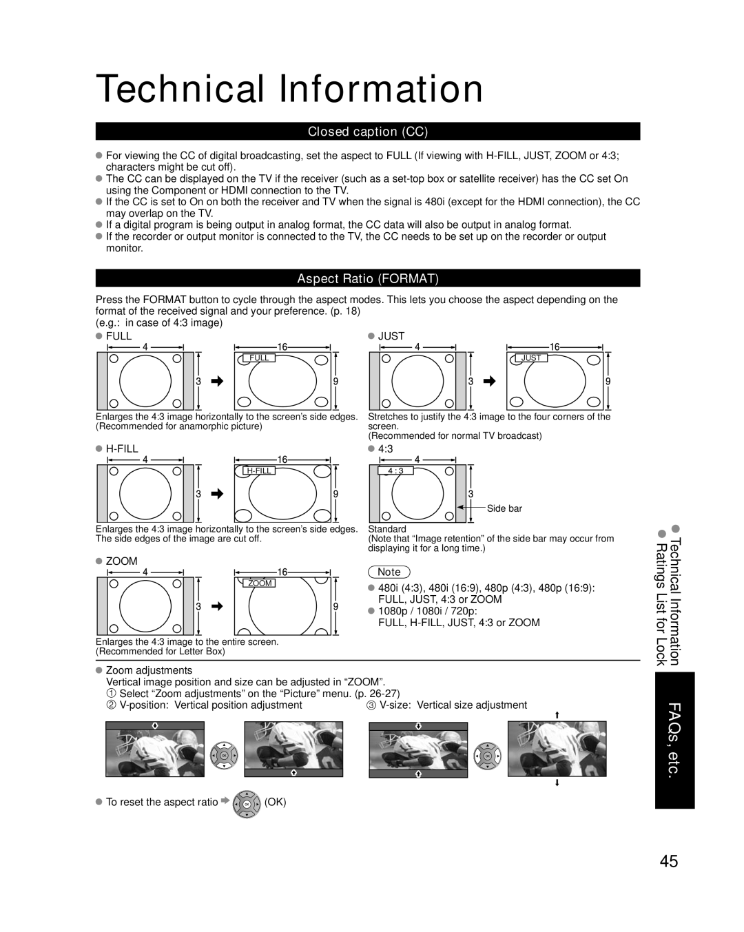 Panasonic TC-L37S1 quick start Technical Information, Closed caption CC, Aspect Ratio Format 