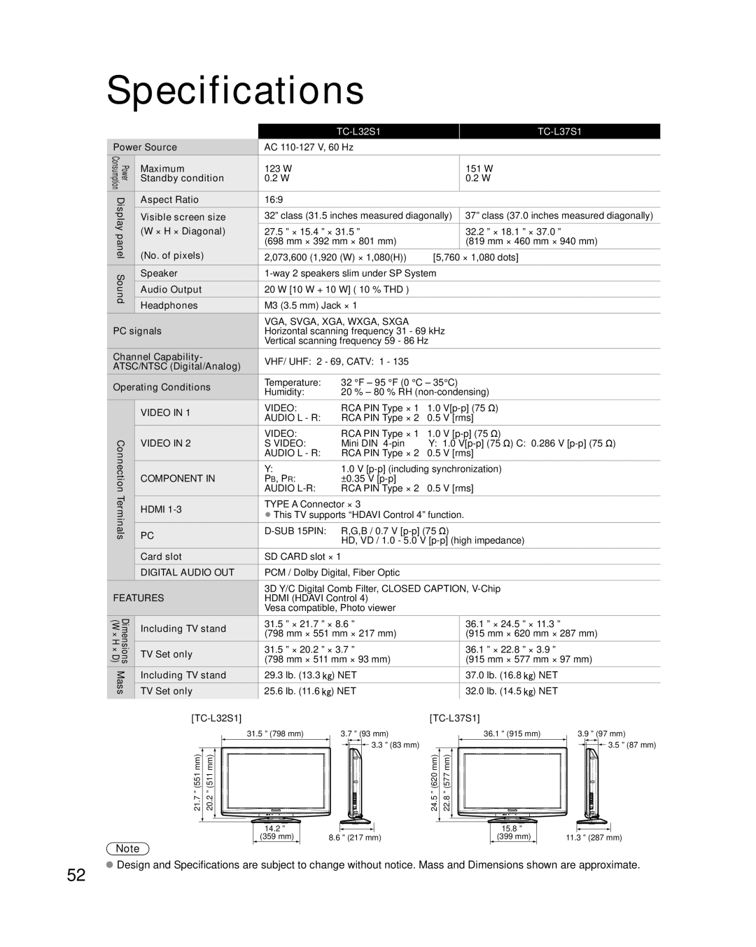 Panasonic TC-L37S1 quick start Specifications 