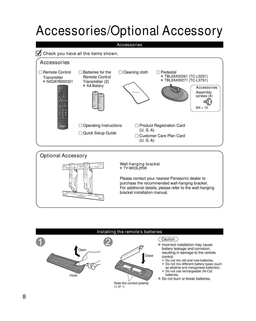 Panasonic TC-L37S1 quick start Accessories/Optional Accessory, Installing the remote’s batteries 