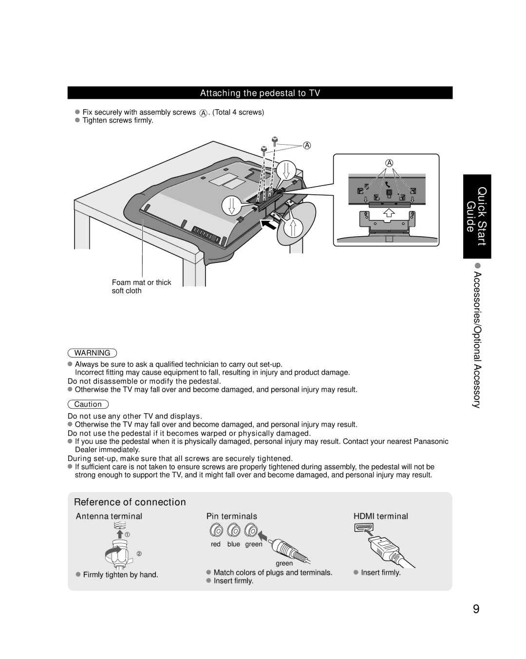 Panasonic TC-L37S1 quick start Attaching the pedestal to TV, Antenna terminal, Pin terminals Hdmi terminal 