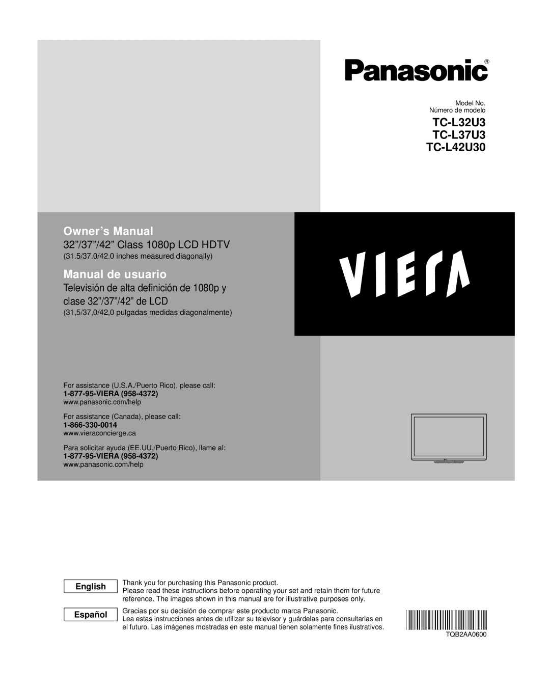 Panasonic TC-L32U3, TC-L37U3, TC-L42U30 owner manual English Español, 31.5/37.0/42.0 inches measured diagonally, Viera 