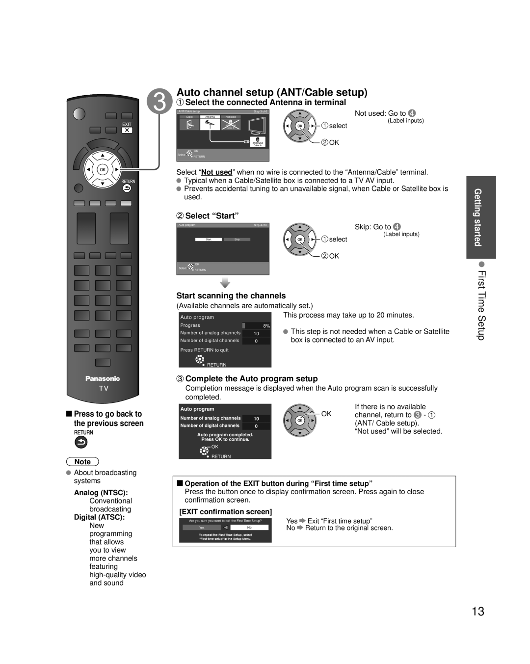 Panasonic TC-L32U3 Auto channel setup ANT/Cable setup, Started First Time Setup, Select the connected Antenna in terminal 