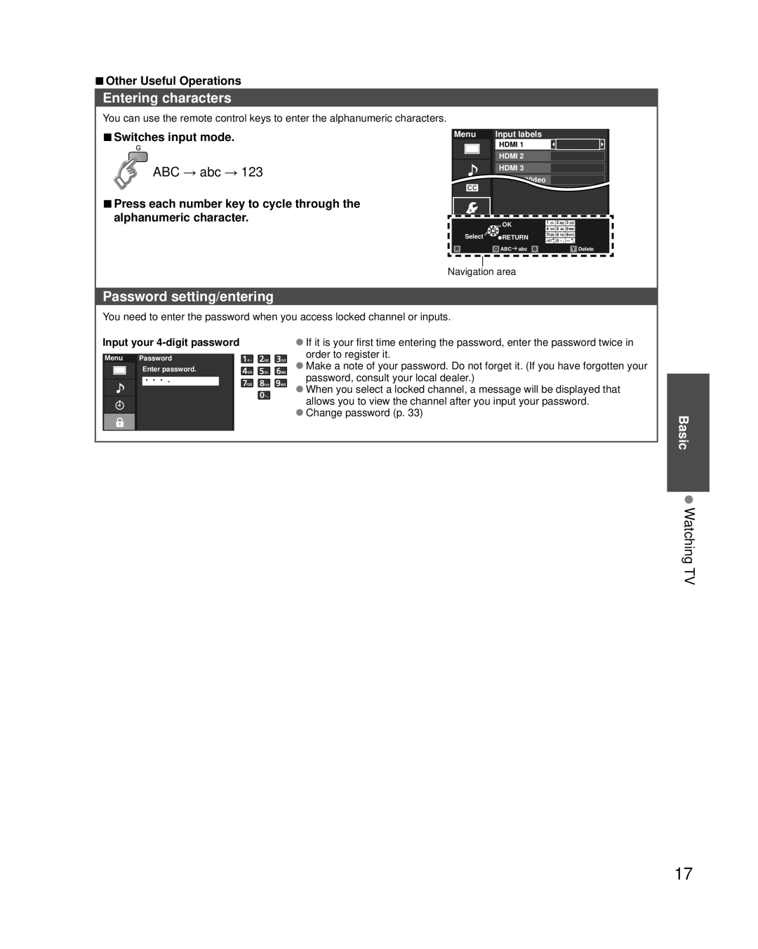 Panasonic TC-L42U30, TC-L37U3 Entering characters, Password setting/entering, Watching TV, Other Useful Operations 