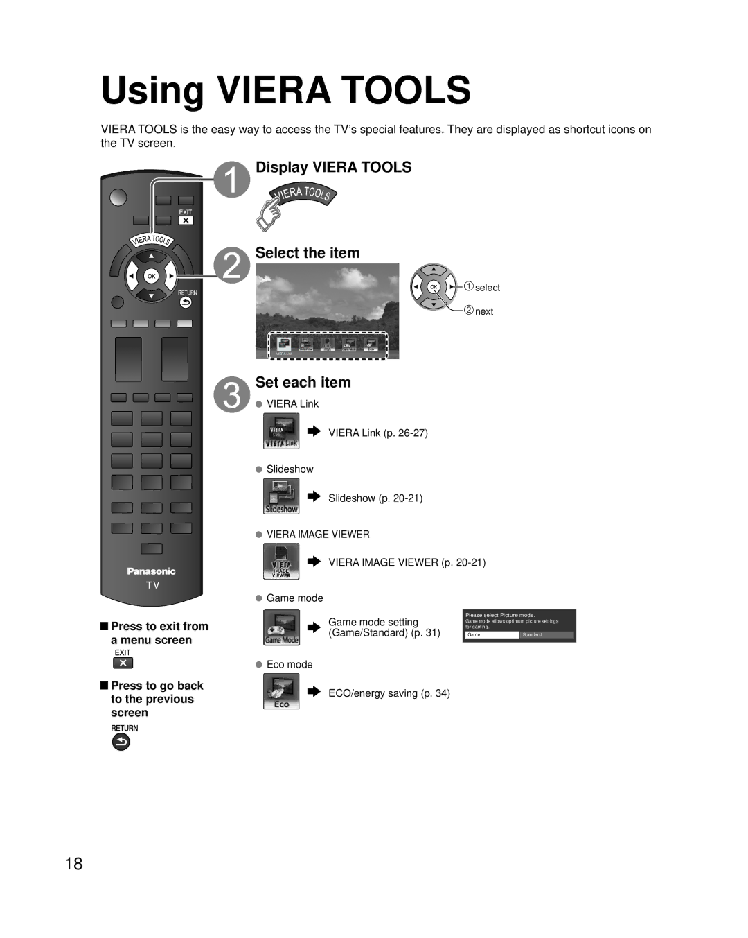 Panasonic TC-L37U3, TC-L32U3, TC-L42U30 owner manual Using Viera Tools, Display Viera Tools Select the item, Set each item 