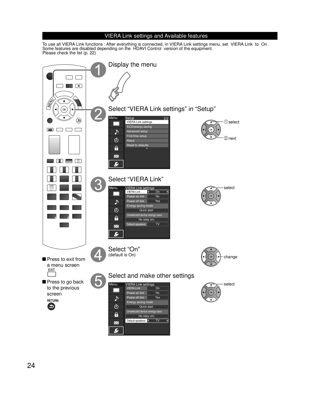 Panasonic TC-L37U3 Display the menu Select Viera Link settings in Setup, Viera Link settings and Available features 