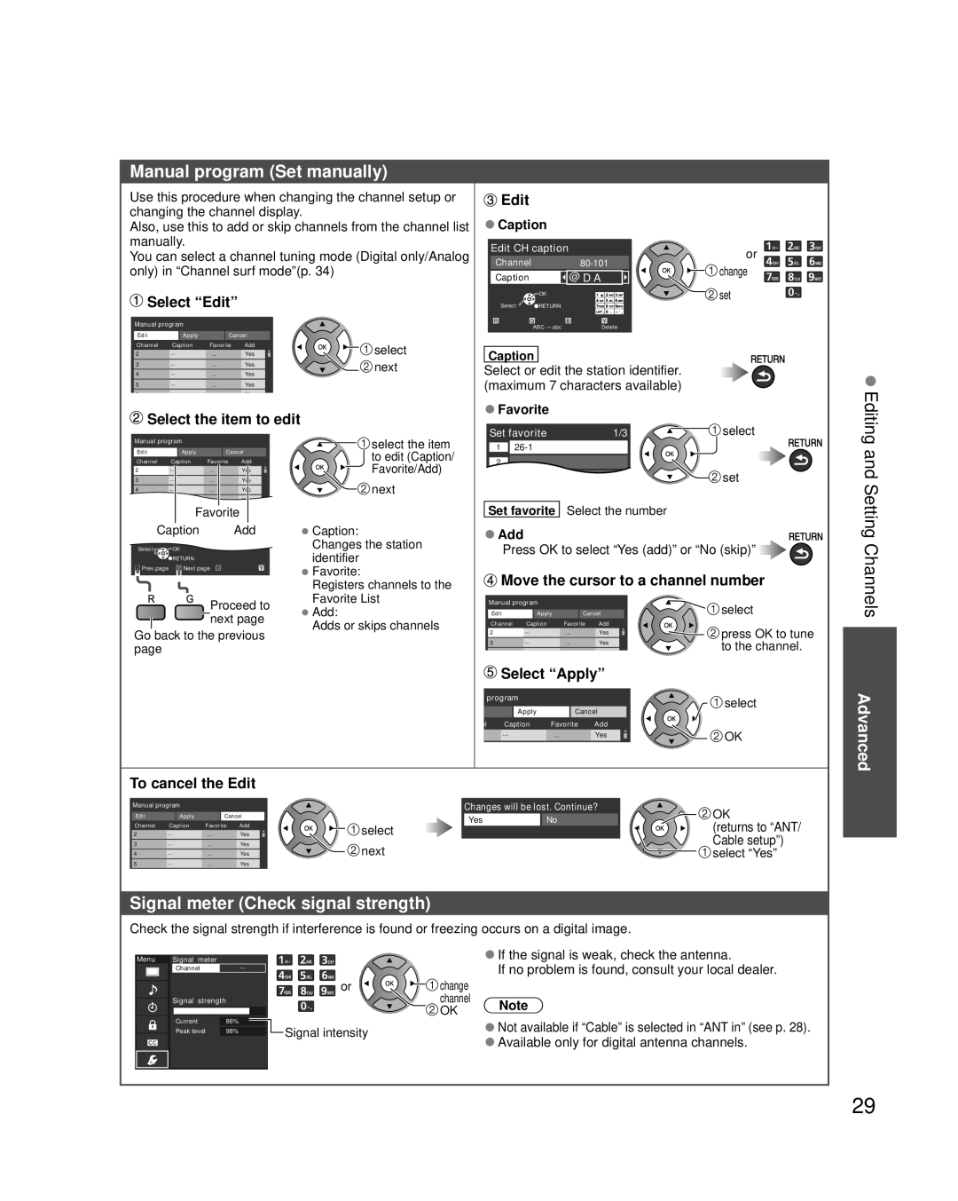 Panasonic TC-L42U30, TC-L37U3, TC-L32U3 Manual program Set manually, Setting Channels, Signal meter Check signal strength 