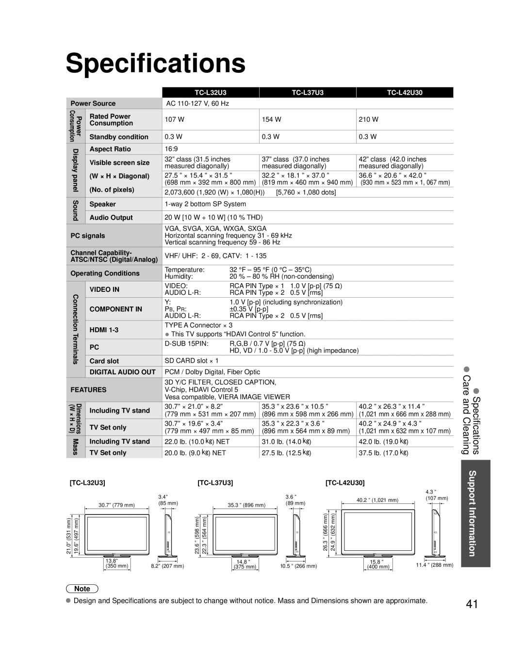 Panasonic TC-L42U30, TC-L37U3, TC-L32U3 owner manual Specifications 