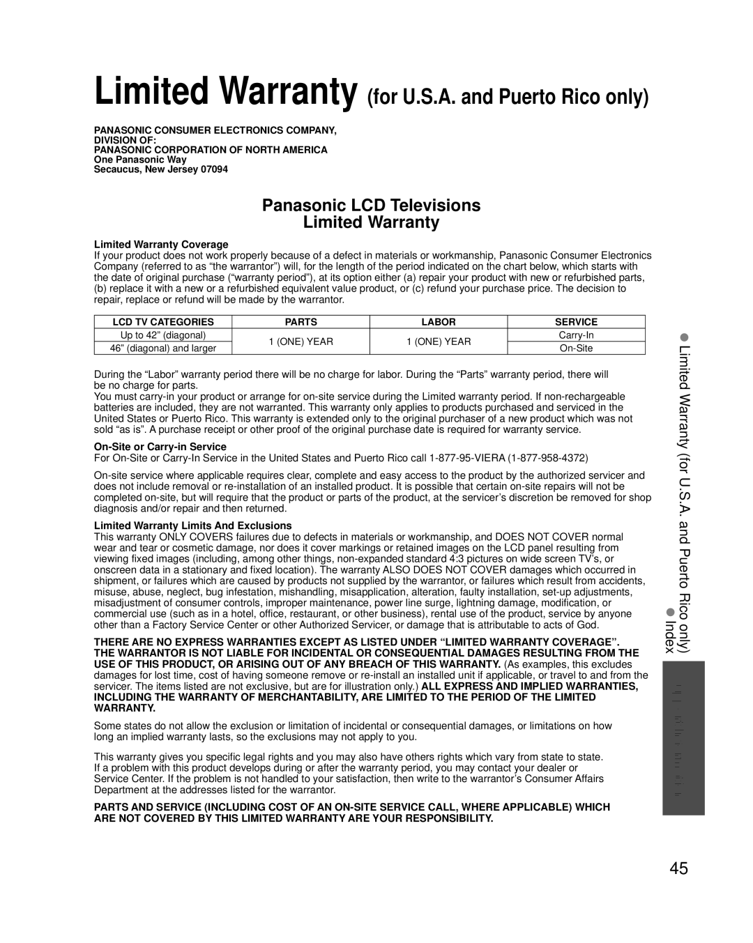 Panasonic TC-L37U3 Limited Warranty Coverage, On-Site or Carry-in Service, Limited Warranty Limits And Exclusions 